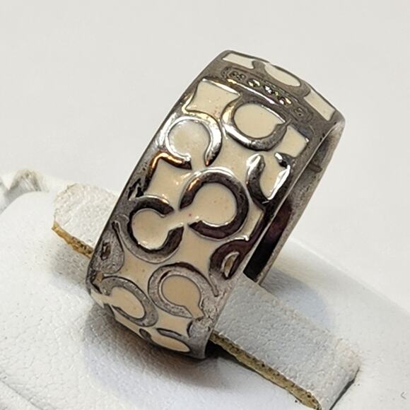 Coach Miranda White Enamel Silver Tone Logo Ring Band Size 7 Designer Jewelry - Picture 4 of 8
